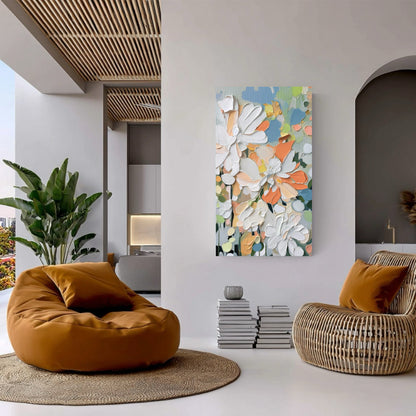 Abstract floral canvas provides a pop of color/texture in a minimalist, open-concept room with wood ceiling, rattan chairs, and warm orange accents.
