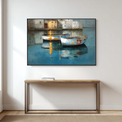 Horizontal two boats painting hangs over a sleek wood and metal console table in a bright, minimalist entryway.