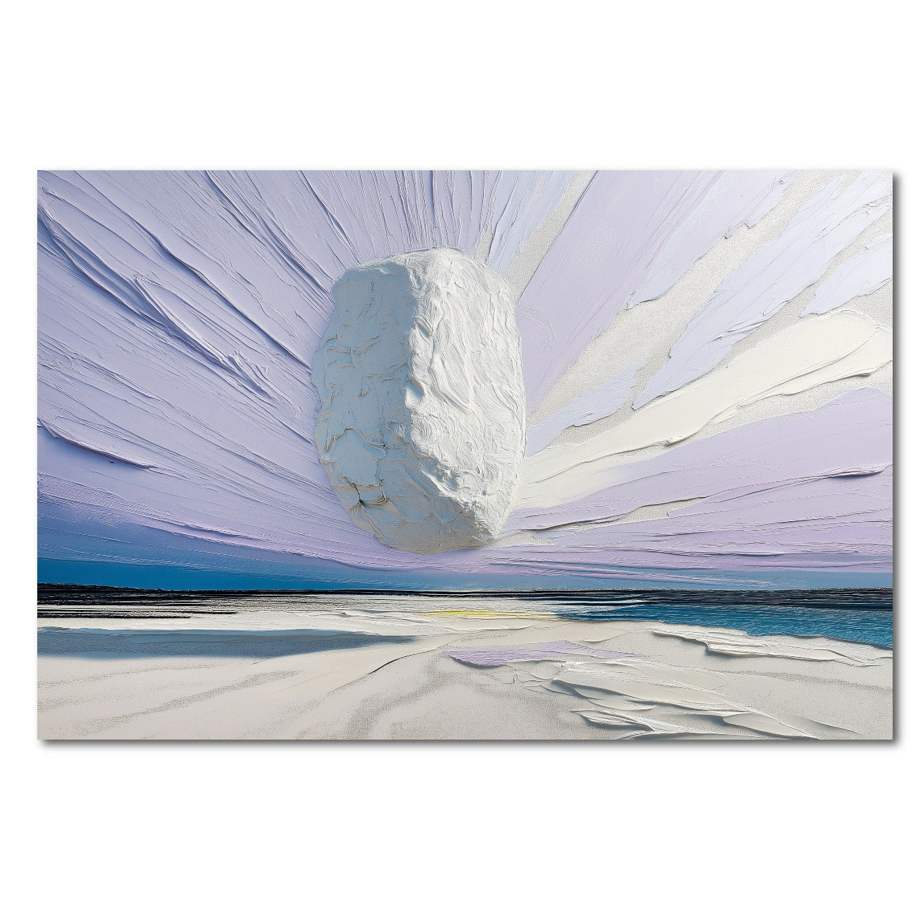 Original abstract landscape oil painting: textured impasto, cool purple sky, white beach, and neutral hovering stone.