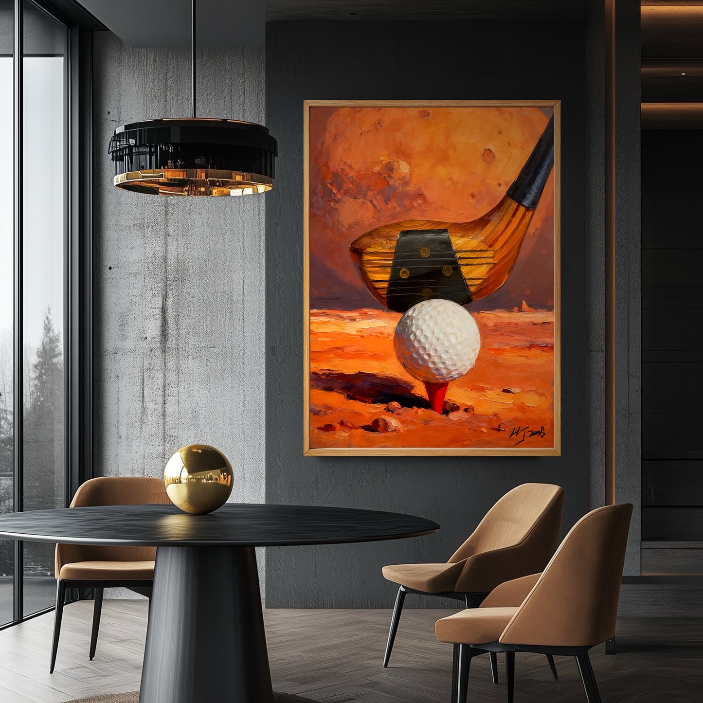 Original orange golf painting in a modern industrial dining room. Warm art creates bold contrast against cool gray concrete.