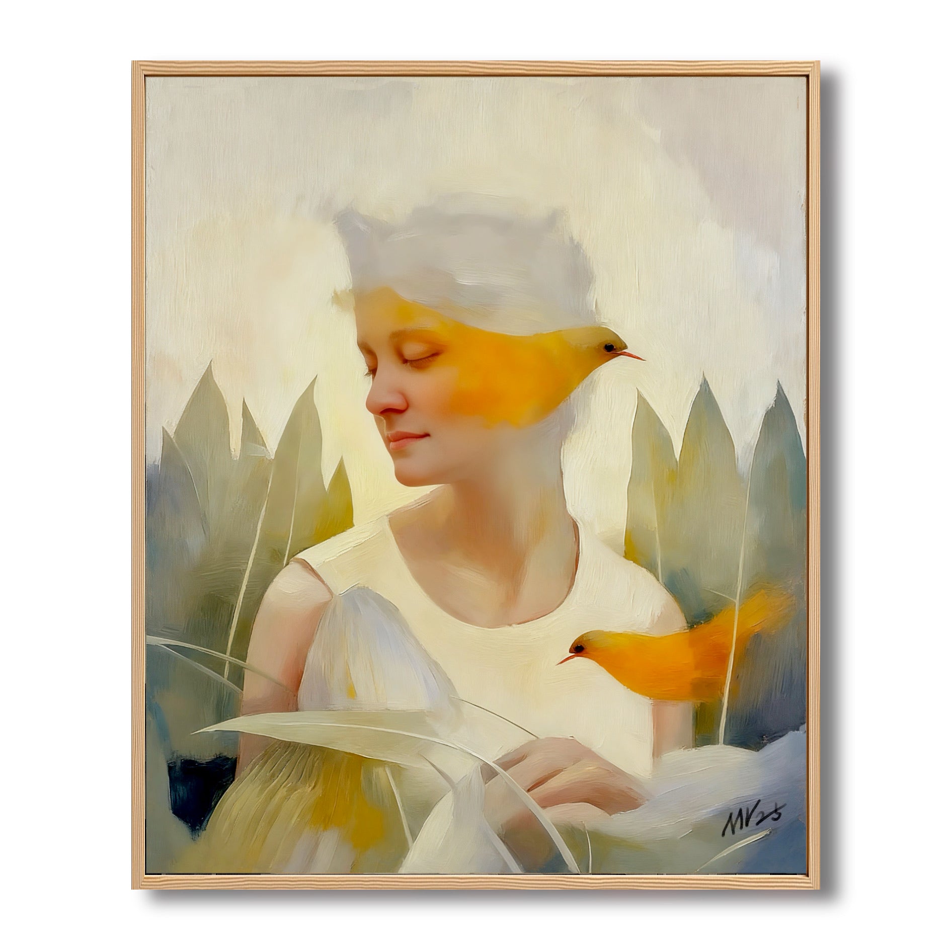 Original surreal portrait painting of woman with yellow birds. Warm yellow and neutral tones. Serene nature inspired wall art.