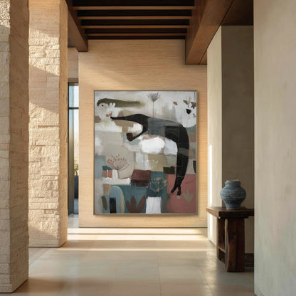 Abstract figural artwork with teal and pink accents warms the luxurious, stone-columned entryway with wood beams.