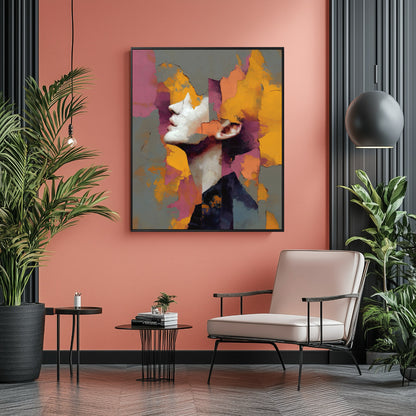 Vibrant contemporary portrait art elevates a stylish reading nook. The fiery tones harmonize with the terracotta-colored wall and sleek black metal furniture.