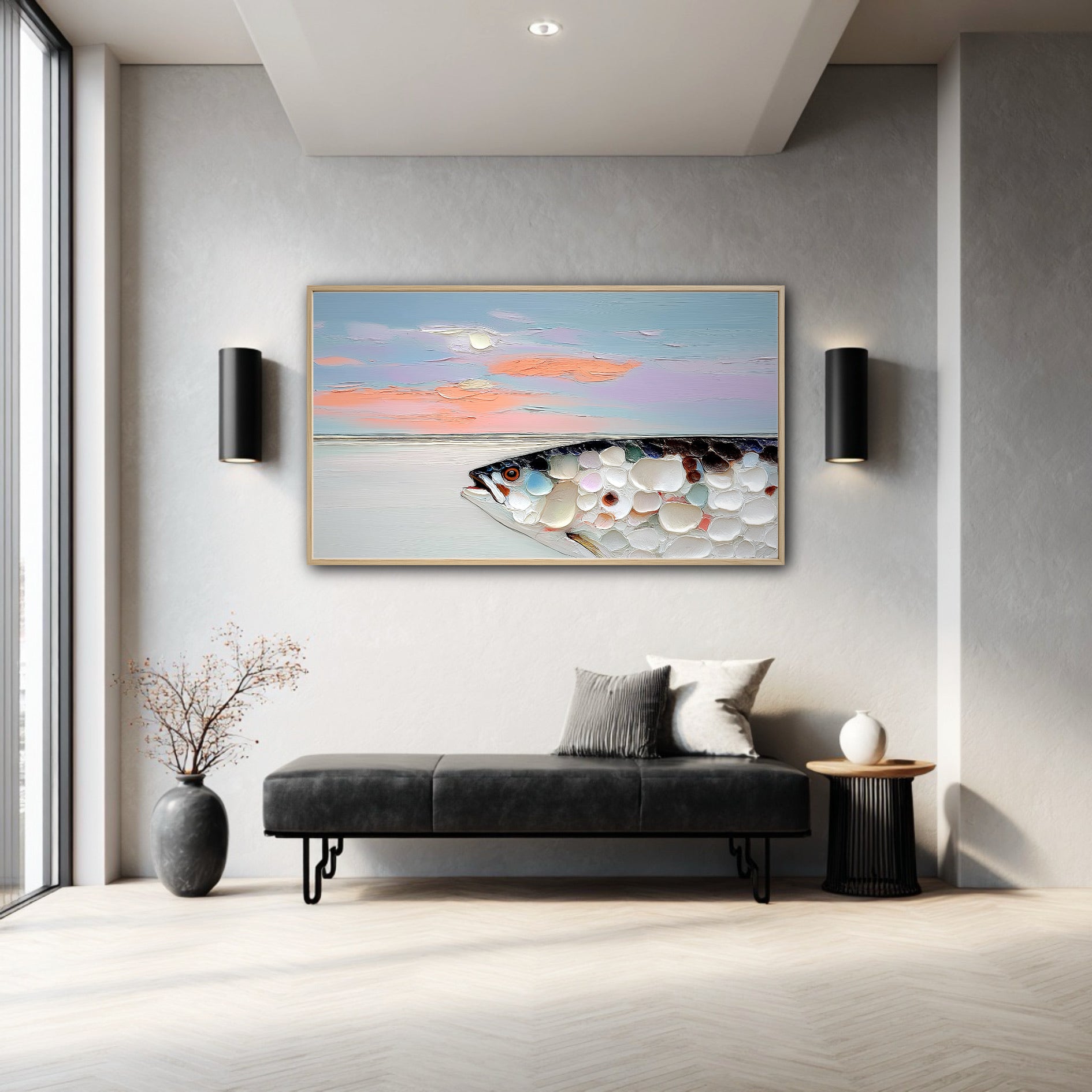 A large, colorful fish painting hangs in a modern entryway above a black leather bench and between two black sconces.