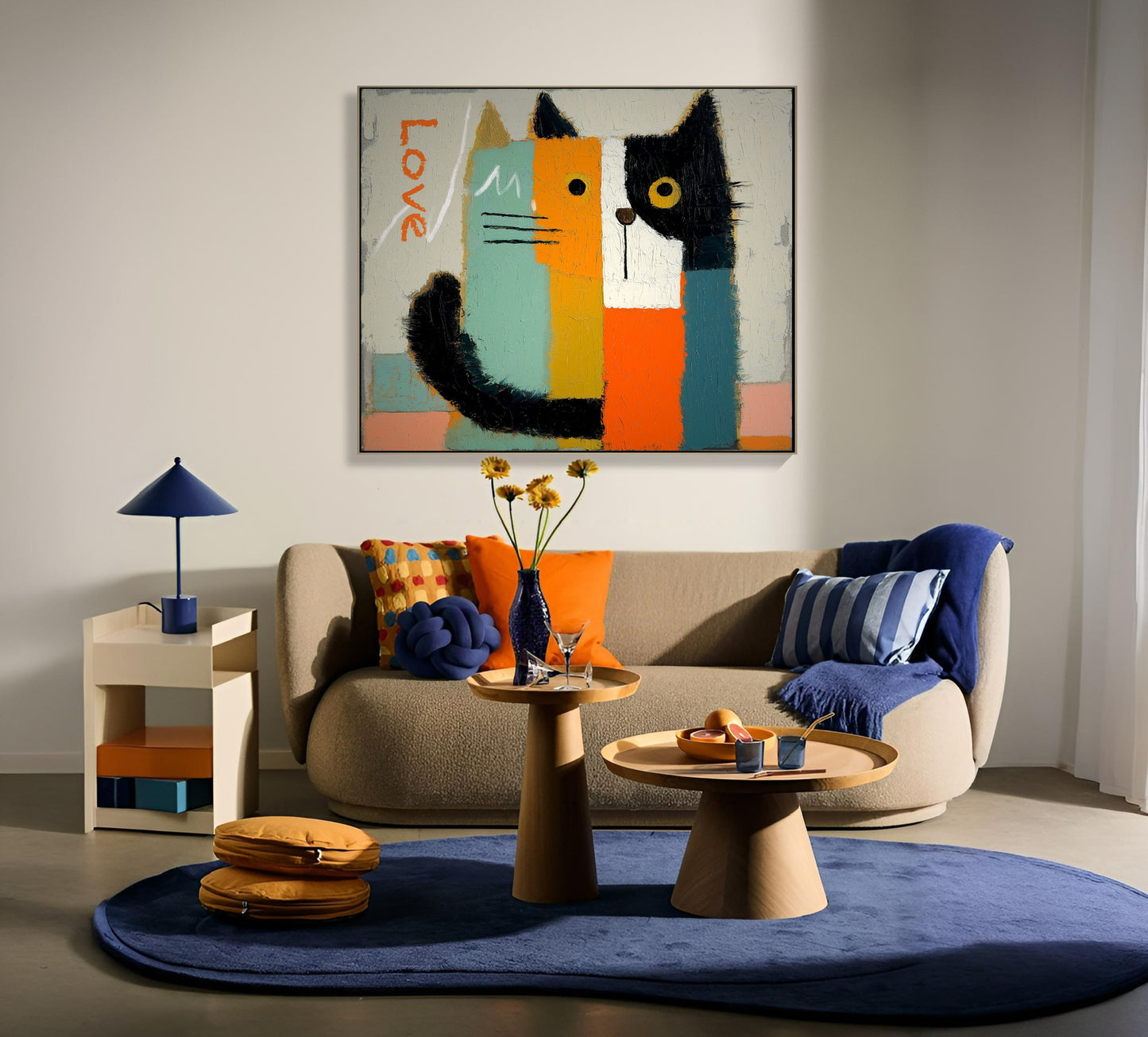Original whimsical cat art unifies a contemporary living room, reflecting the orange and blue accents of the rug and pillows.