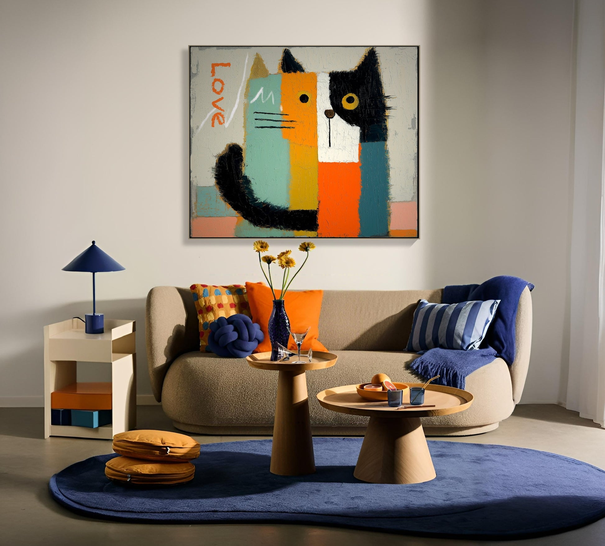 Original whimsical cat art unifies a contemporary living room, reflecting the orange and blue accents of the rug and pillows.