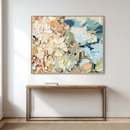 Vibrant abstract floral art creates a welcoming, colorful statement piece above a sleek minimalist console table.