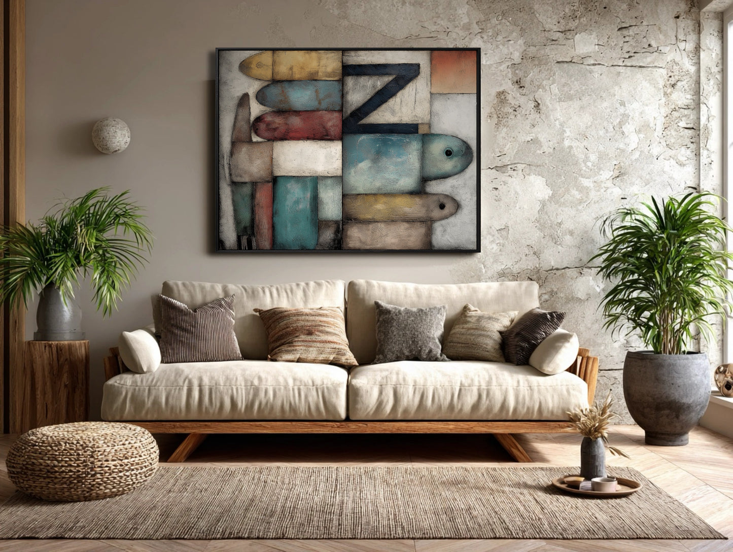 Folk art painting with stacked shapes hangs above a natural wood sofa, harmonizing with the rustic, textured wall and woven rug.