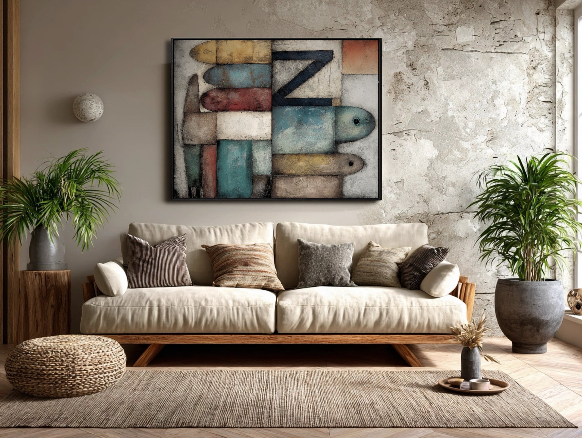 Folk art painting with stacked shapes hangs above a natural wood sofa, harmonizing with the rustic, textured wall and woven rug.