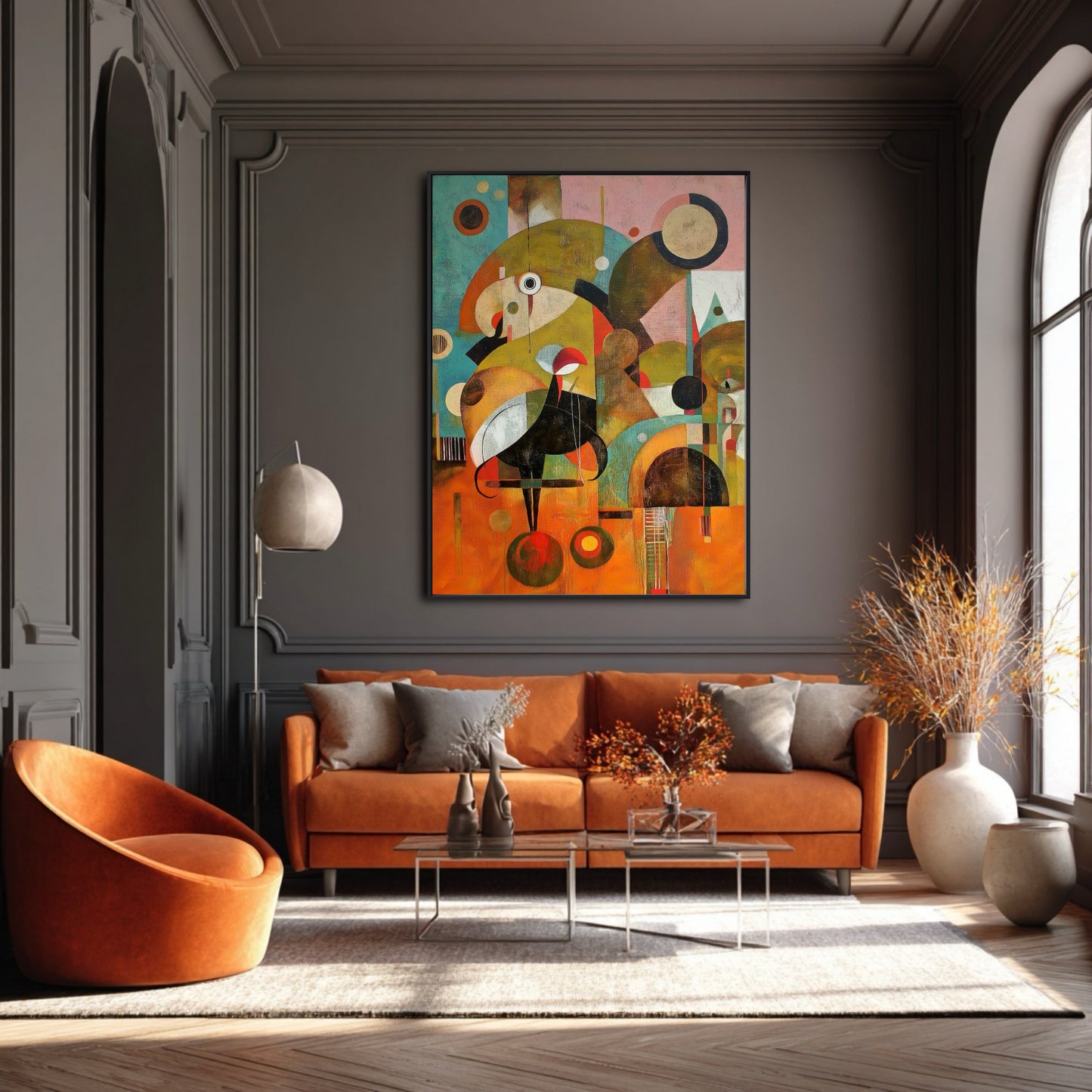 Vertical original abstract art dramatically lights up the dark, moody gray wall, intensifying the orange sofa's plush texture.