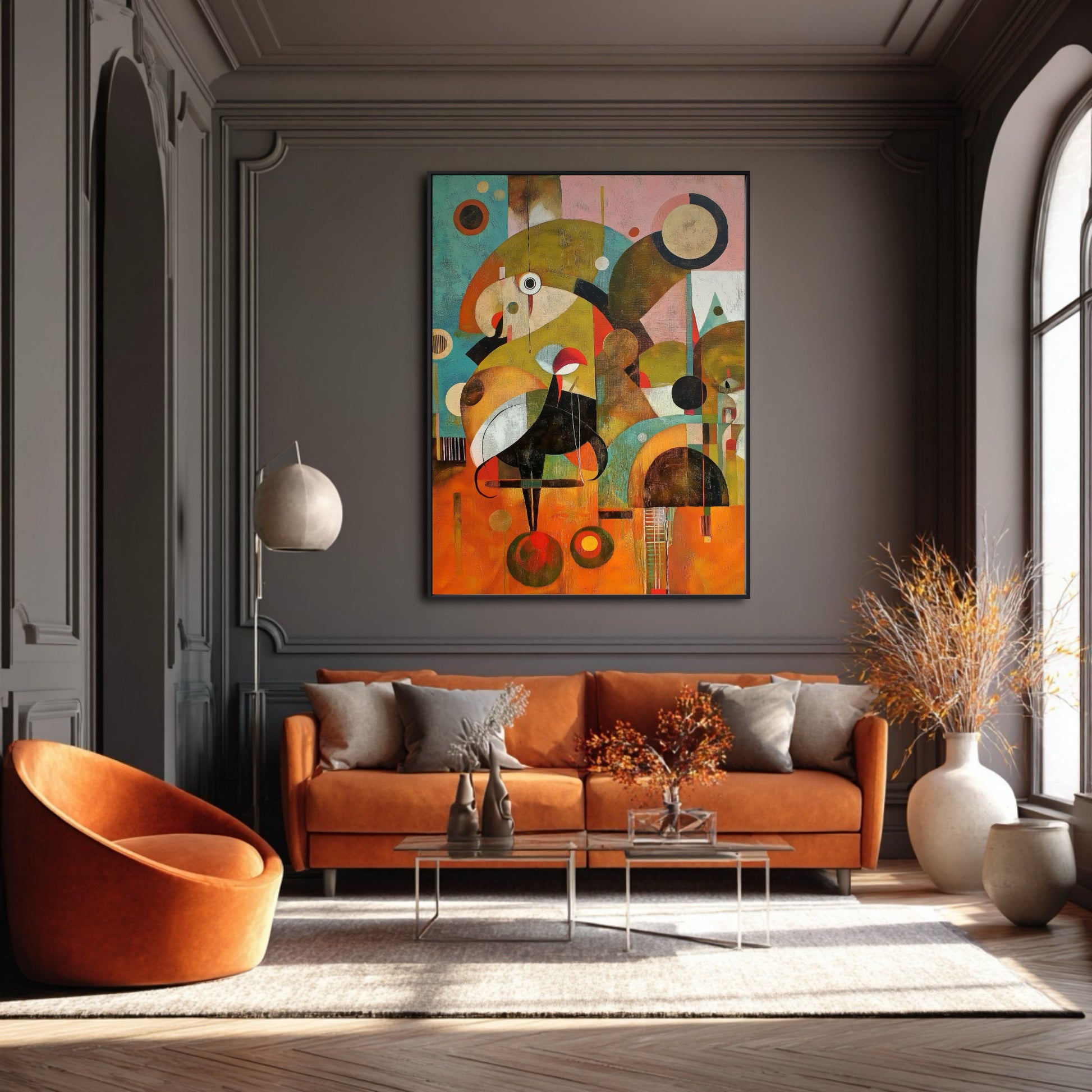 Vertical original abstract art dramatically lights up the dark, moody gray wall, intensifying the orange sofa's plush texture.