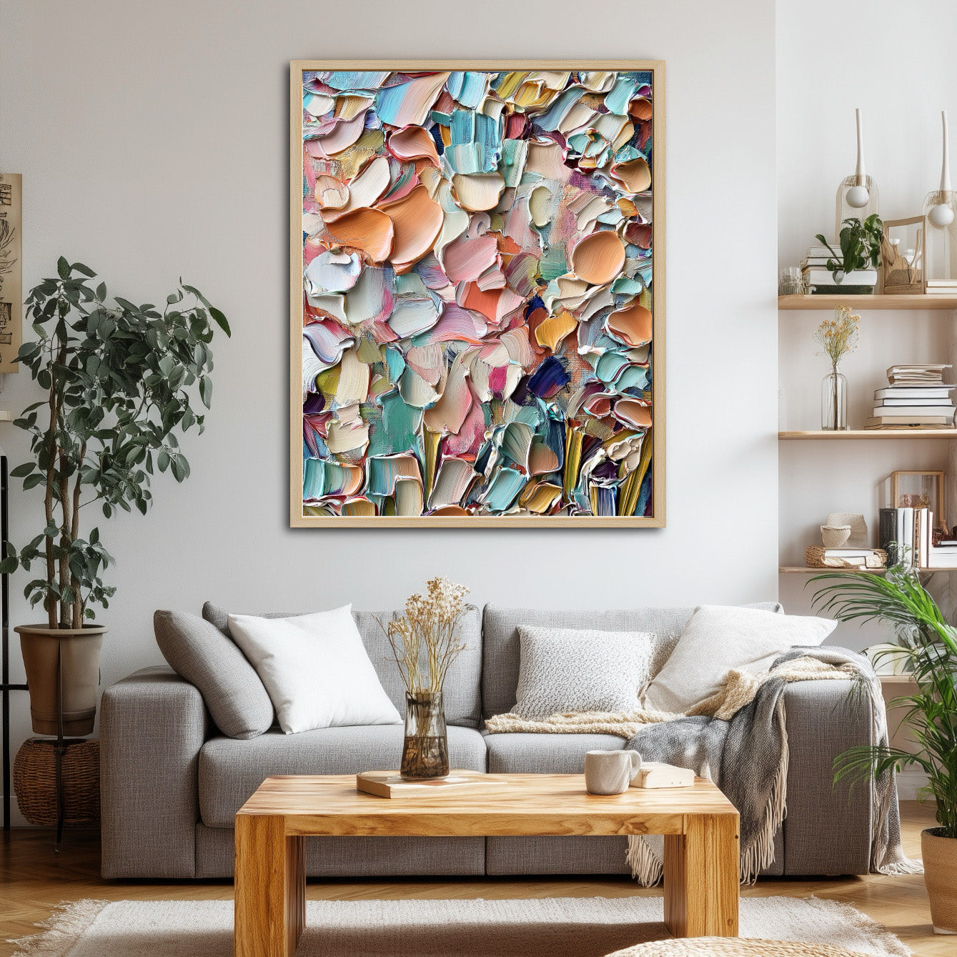 Colorful impasto canvas serves as a vibrant focal point above a gray sectional, complementing the natural wood coffee table and open shelving in a comfortable living room.