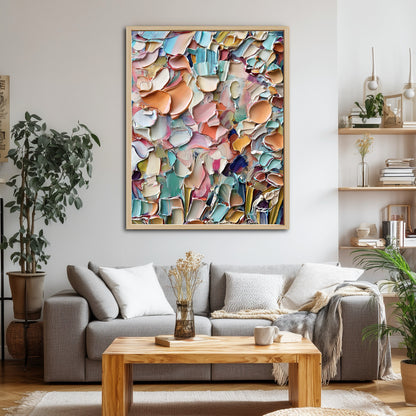 Colorful impasto canvas serves as a vibrant focal point above a gray sectional, complementing the natural wood coffee table and open shelving in a comfortable living room.