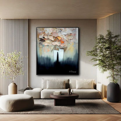 Original abstract floral art brings organic texture to this modern living room, contrasting beautifully with the linear slatted wood wall.