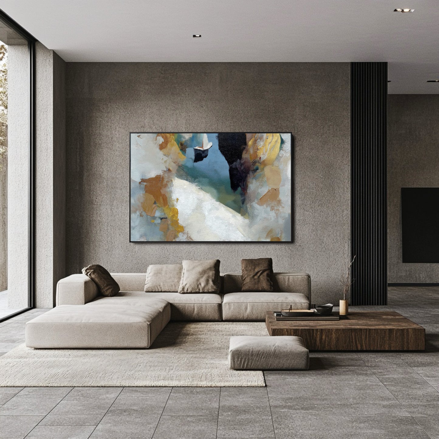 Vibrant abstract art adding a warm, yellow focal point to the sleek, modern room, perfectly complementing the neutral sofa and dark floor.