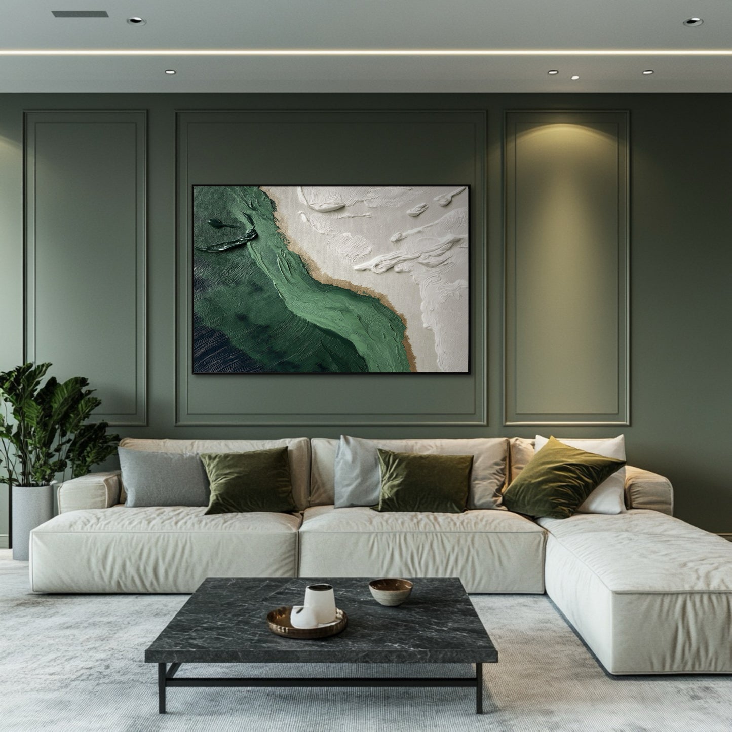 Original emerald impasto art blending into the monochromatic sage wall, enhancing the sophistication of the white sectional and velvet pillows.