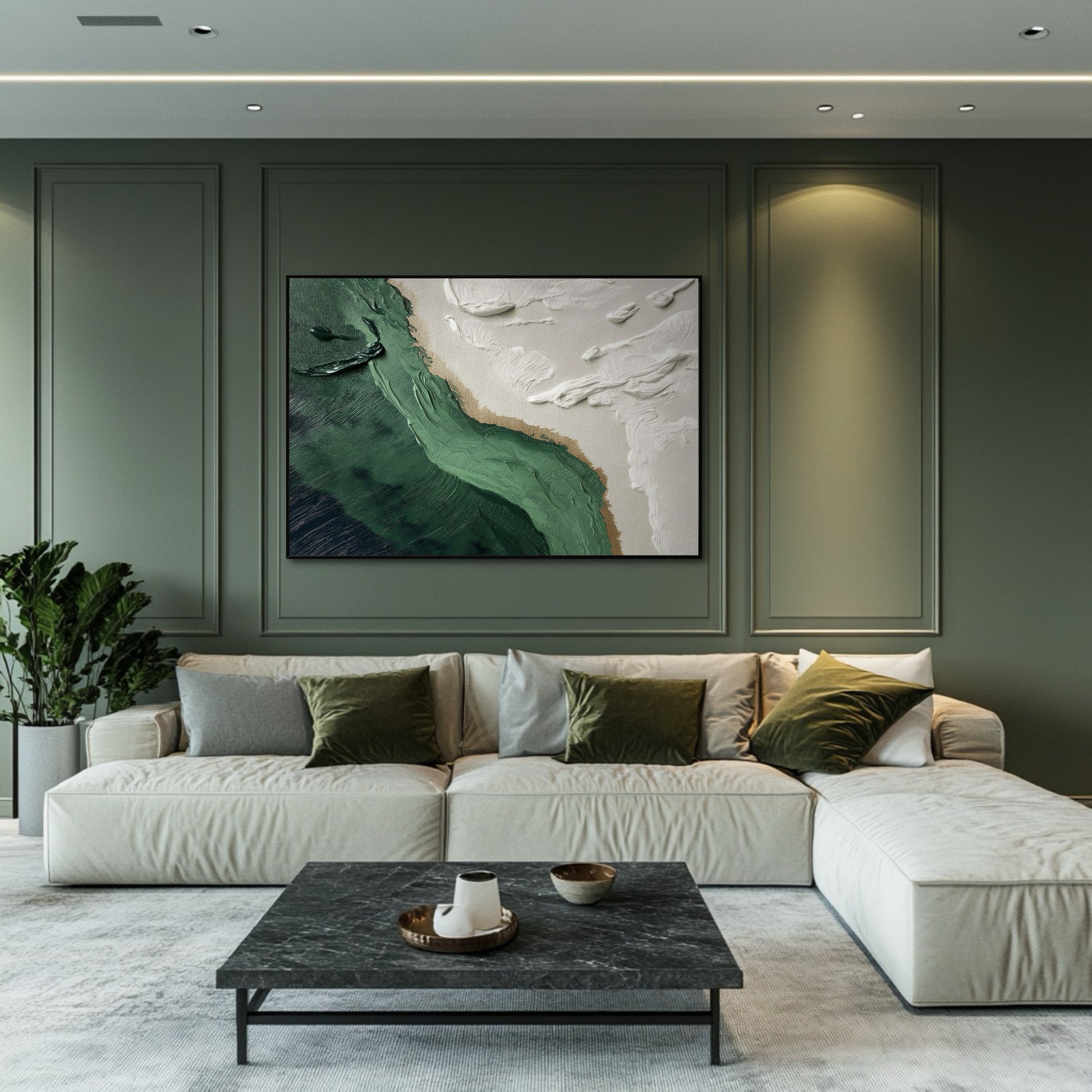 Original emerald impasto art blending into the monochromatic sage wall, enhancing the sophistication of the white sectional and velvet pillows.