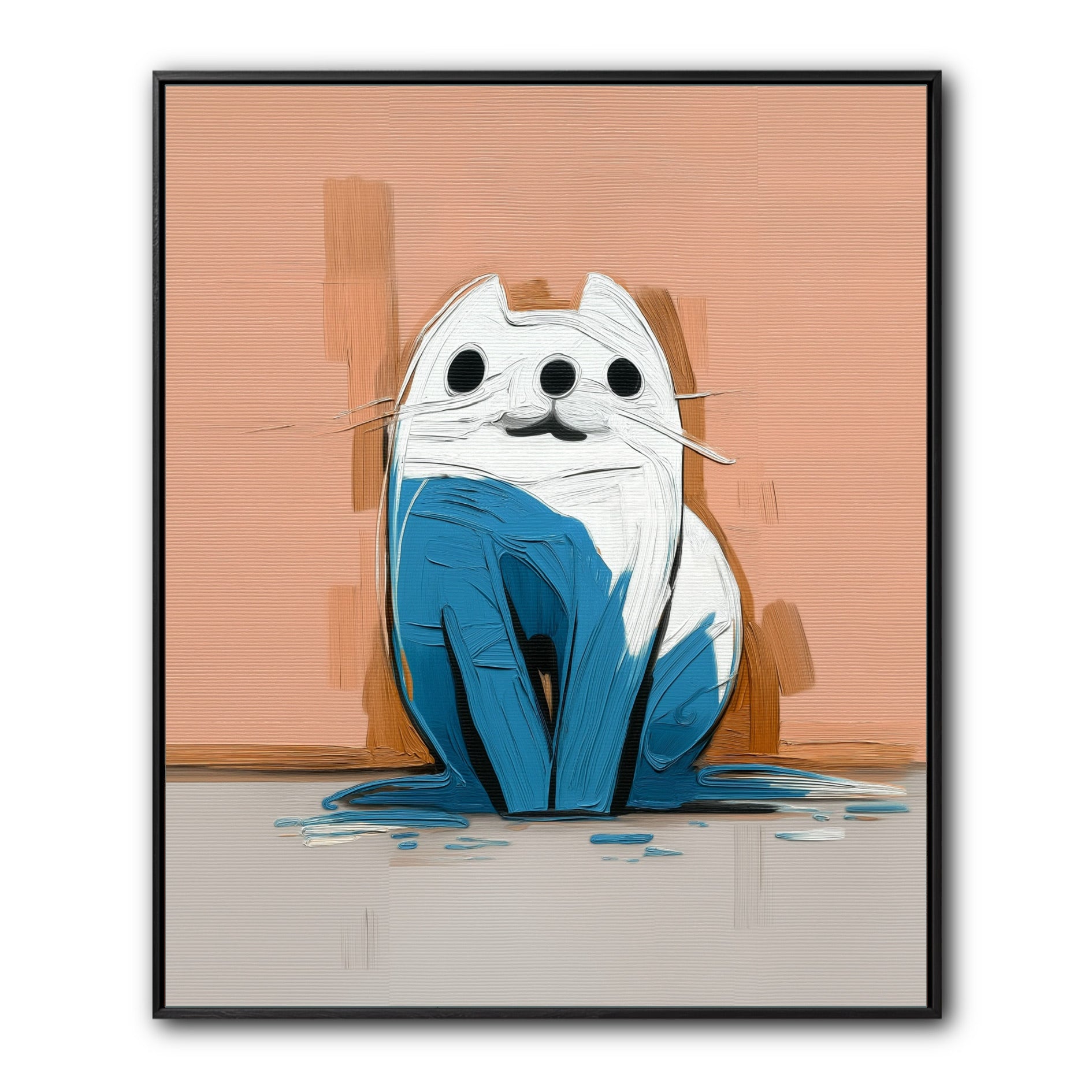 Original abstract cat painting with thick impasto texture. Features a white and blue cat on a peach background.