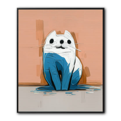 Original abstract cat painting with thick impasto texture. Features a white and blue cat on a peach background.