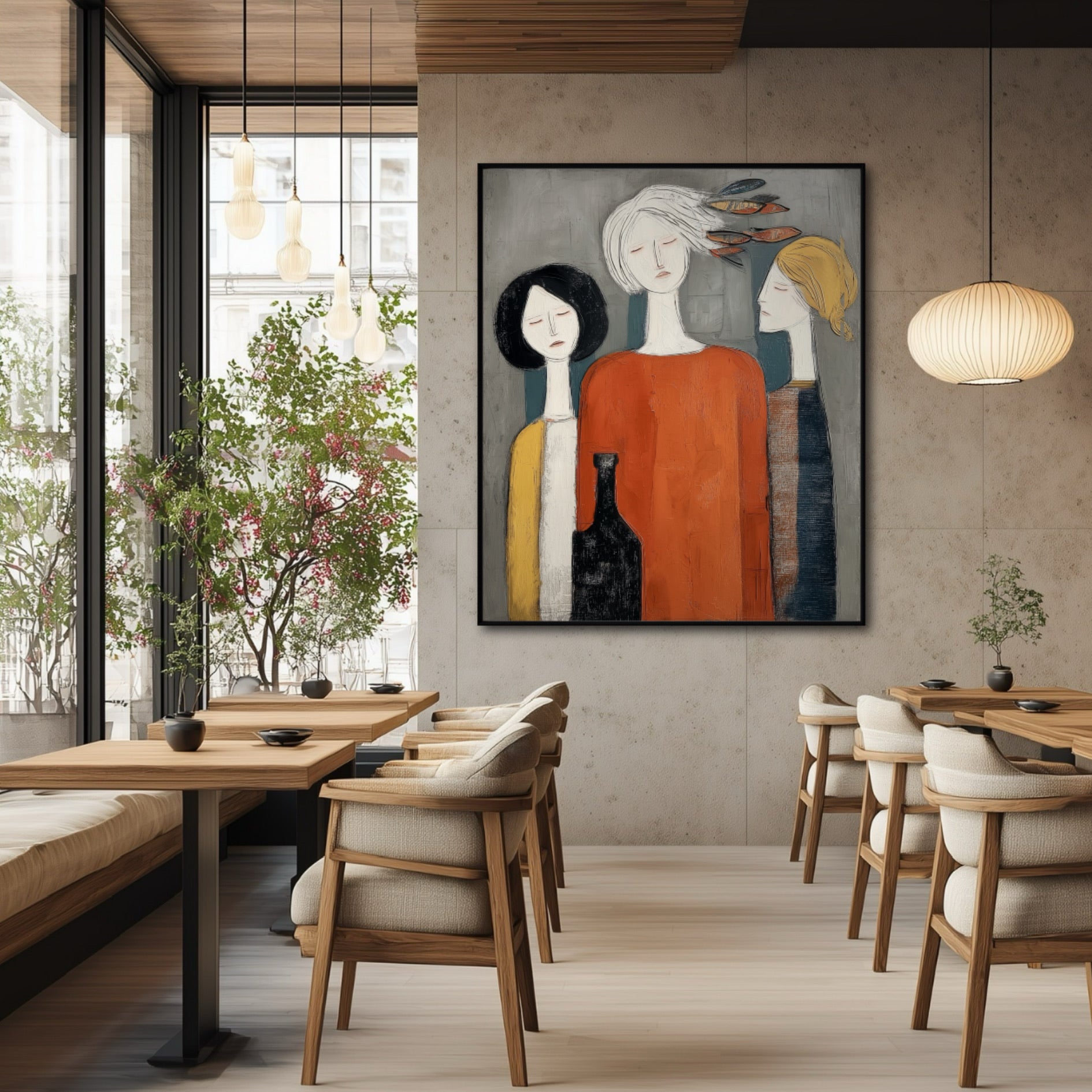 Abstract figurative art for a modern cafe. Textured painting adds a unique touch to a comfortable, contemporary restaurant or coffee shop.