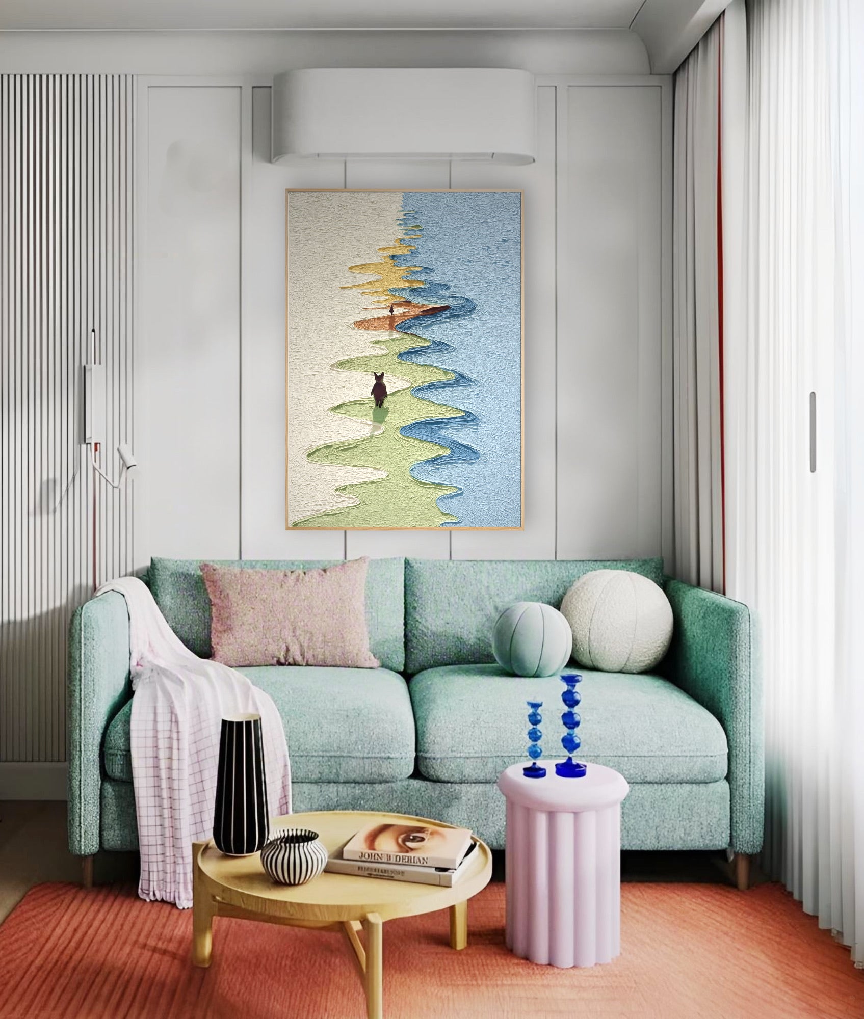Vertical abstract cat art anchors a pastel-toned room, the rich texture providing contrast to the light mint sofa and pink accents.