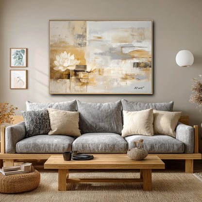 The abstract lotus painting's warm gold tones balance the cool grey sofa in this modern, neutral-toned Japandi living room.