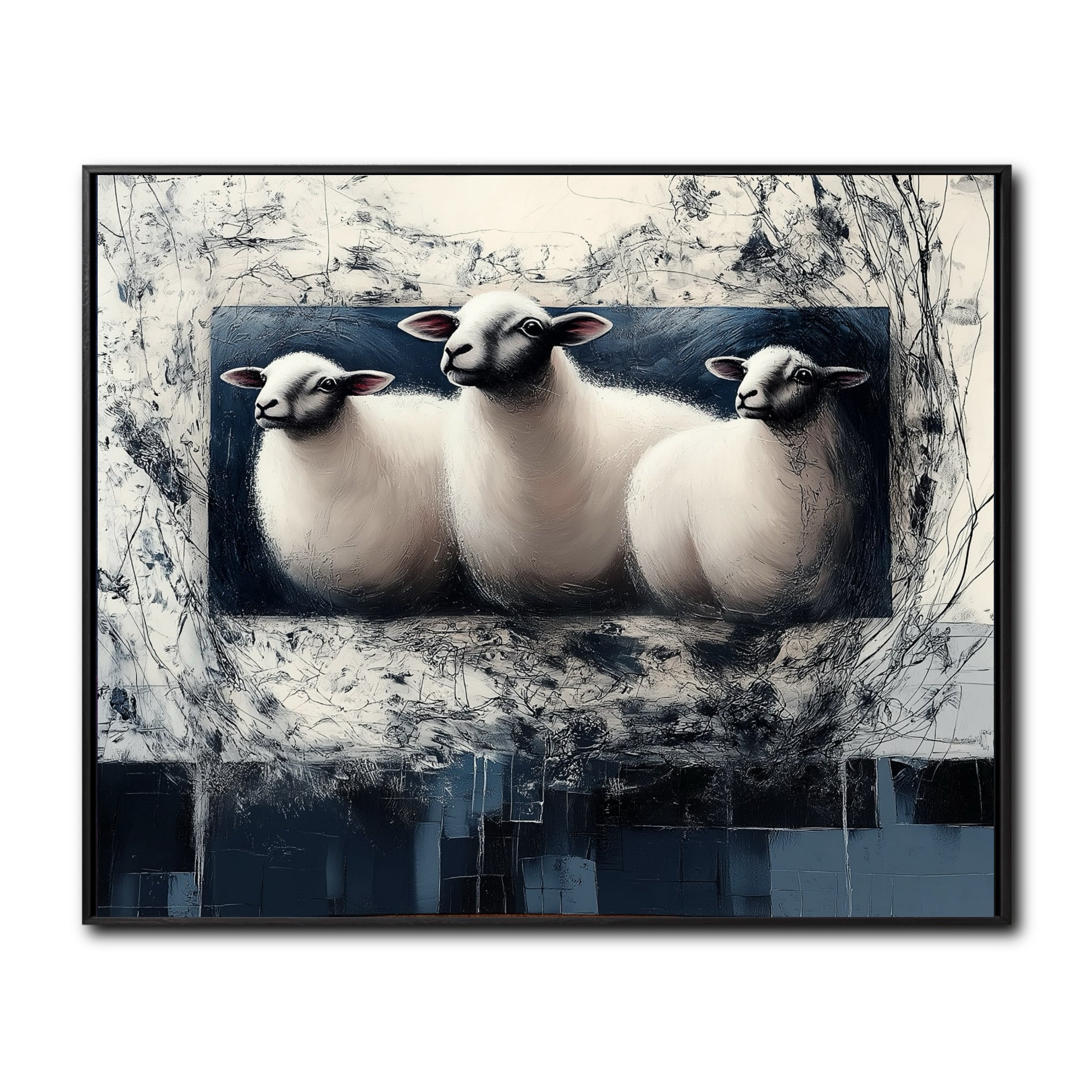 Original abstract painting of three white sheep with a textured, gestural blue and white background.