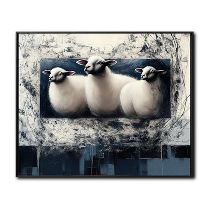 Original abstract painting of three white sheep with a textured, gestural blue and white background.