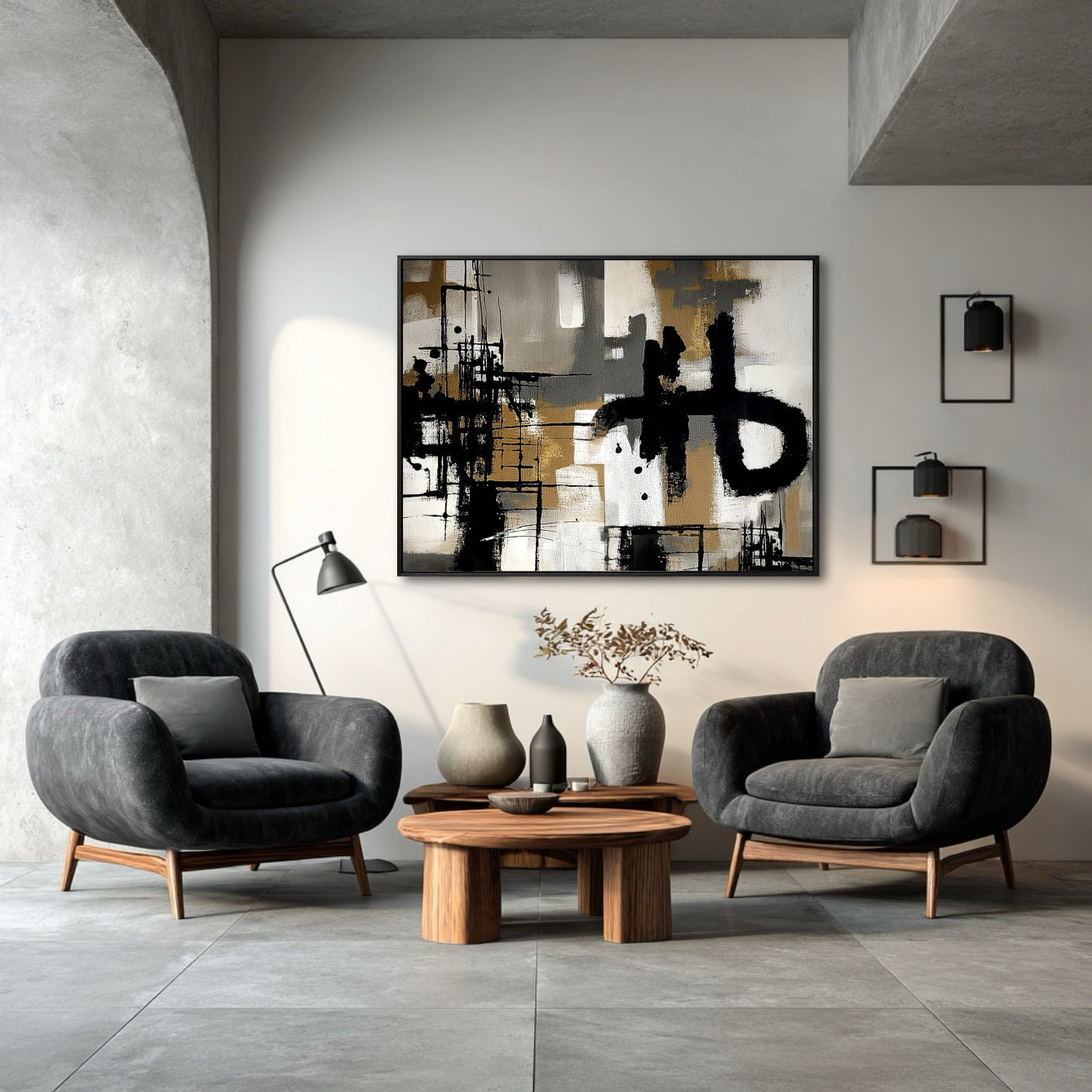A room pic shows an expressionist deco painting, creating elegant, calm, vintage, futuristic, and sophisticated vibes.