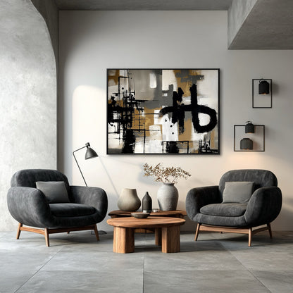 A room pic shows an expressionist deco painting, creating elegant, calm, vintage, futuristic, and sophisticated vibes.