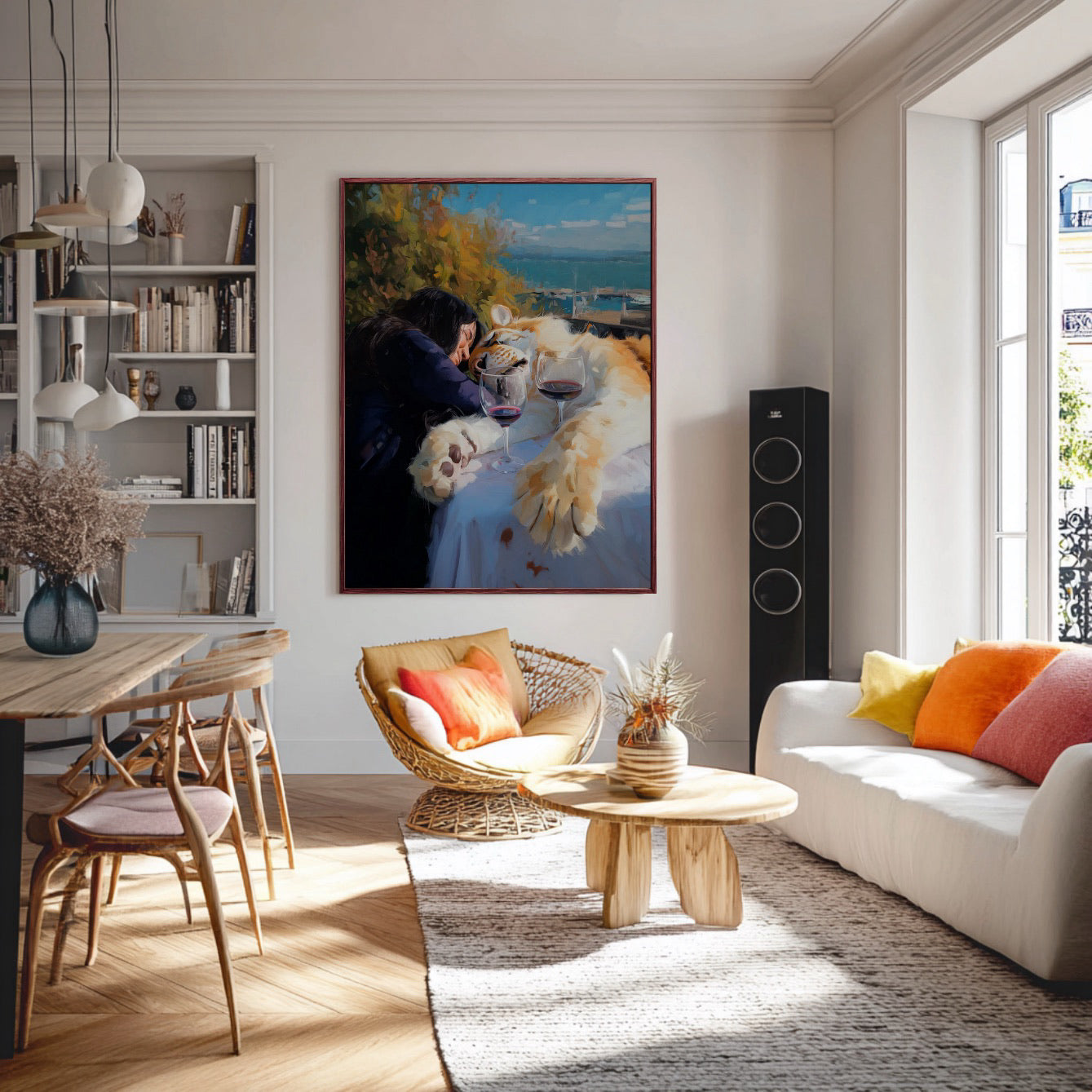 Original oil painting of woman and tiger in a bright, minimalist dining room. White walls, wood furniture, and soft, natural light.