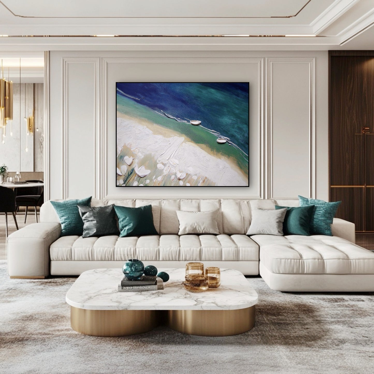 Textured blue and teal coastal painting harmonizing with the luxurious white tufted sectional and deep teal pillows in a formal setting.