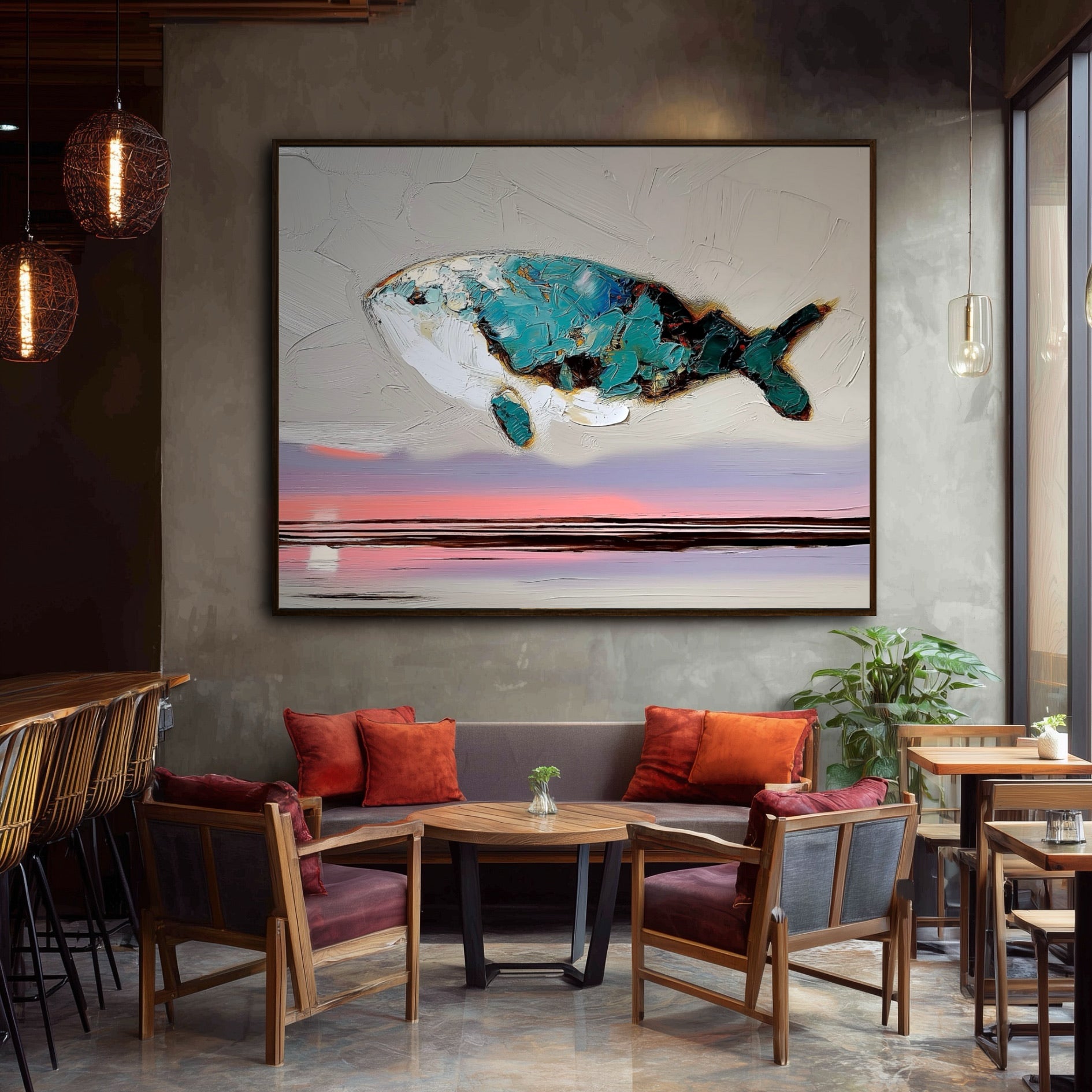 A large surreal whale painting hangs on a concrete wall in an industrial-style cafe, above a banquette with orange pillows.