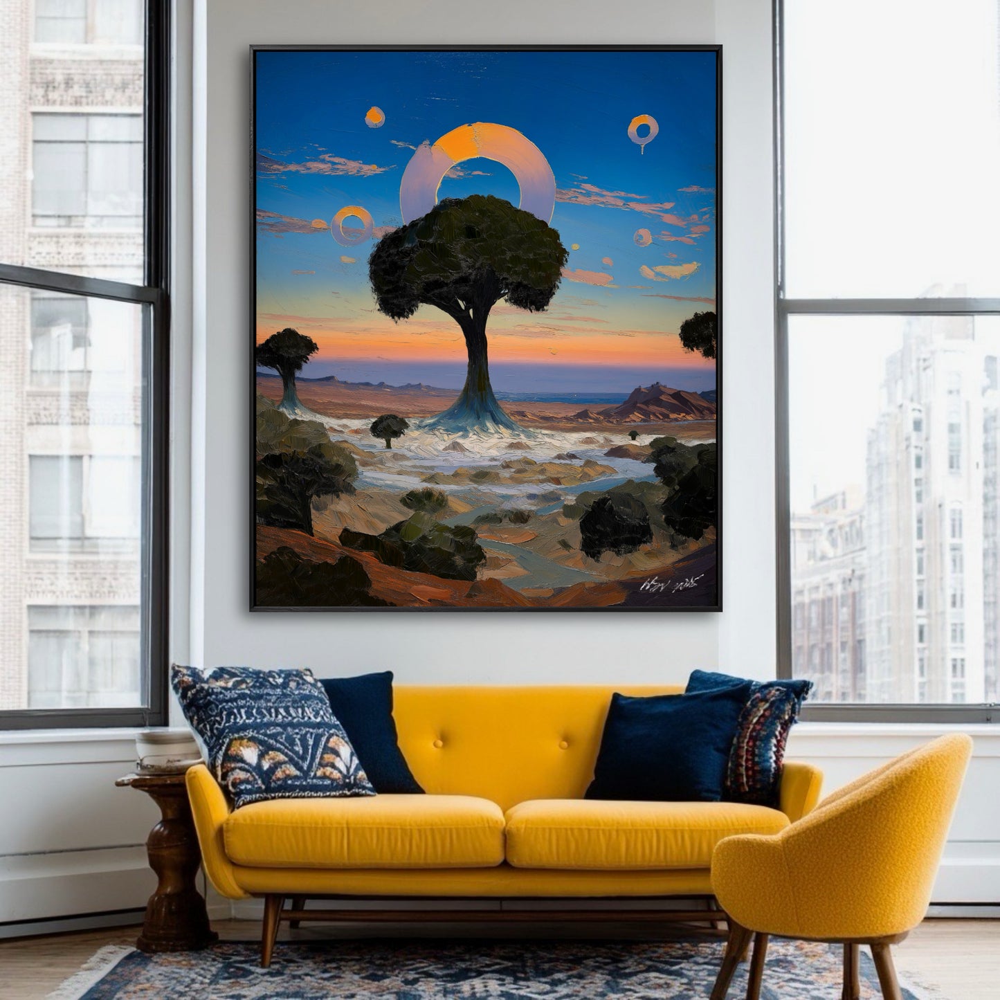 Large surreal landscape canvas above a bright yellow sofa. The art's warm sunset colors create a vibrant, sunny living space.