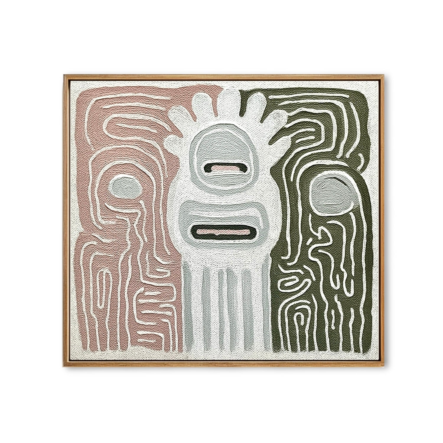 Original abstract textured art with thick white lines, featuring a primitive-style Pet in sage green and dusty rose colors.