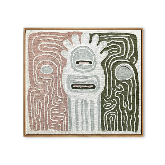 Original abstract textured art with thick white lines, featuring a primitive-style Pet in sage green and dusty rose colors.