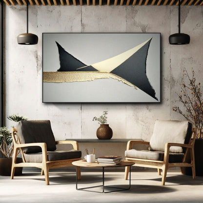 Horizontal black and gold leaf painting on a concrete wall above two modern armchairs in an industrial-style room.