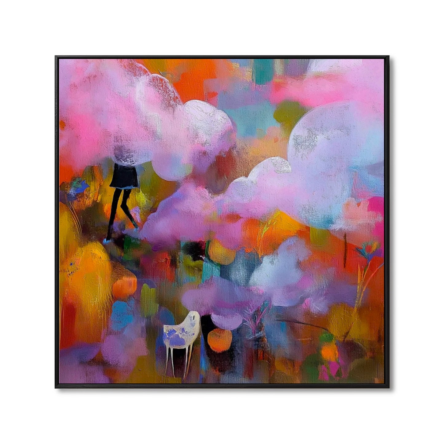 Original expressive abstract painting: figure walking amid vibrant pink/purple clouds and orange fields; features a mix of warm and cool color tones.