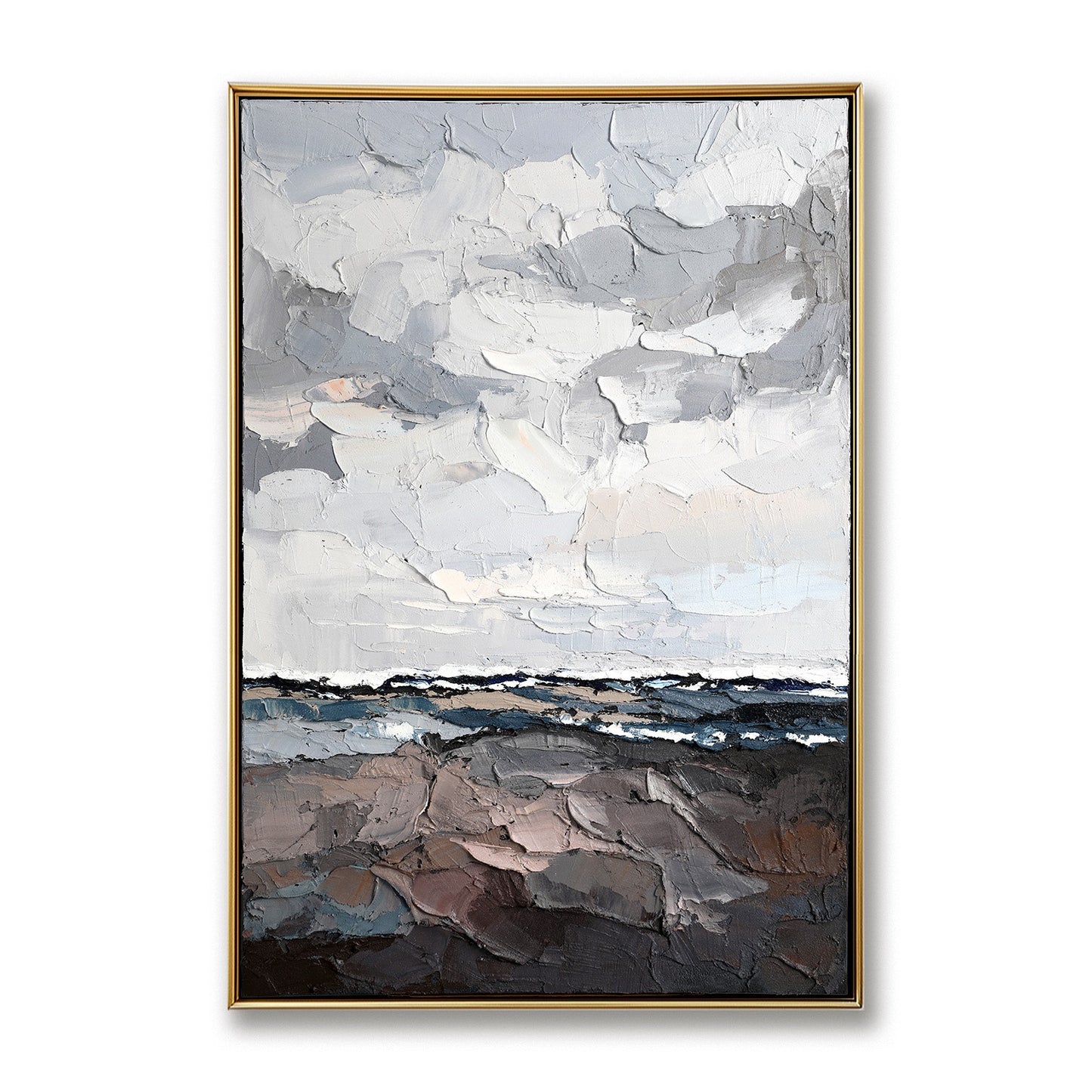 Original abstract landscape oil painting: thick impasto clouds in cool gray/white above dark neutral earth tones.