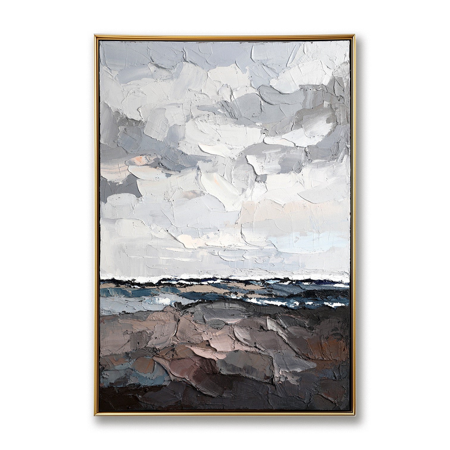Original abstract landscape oil painting: thick impasto clouds in cool gray/white above dark neutral earth tones.
