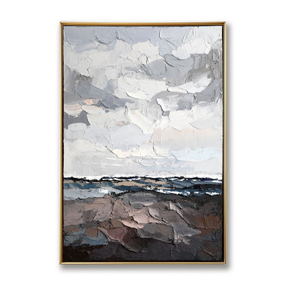 Original abstract landscape oil painting: thick impasto clouds in cool gray/white above dark neutral earth tones.