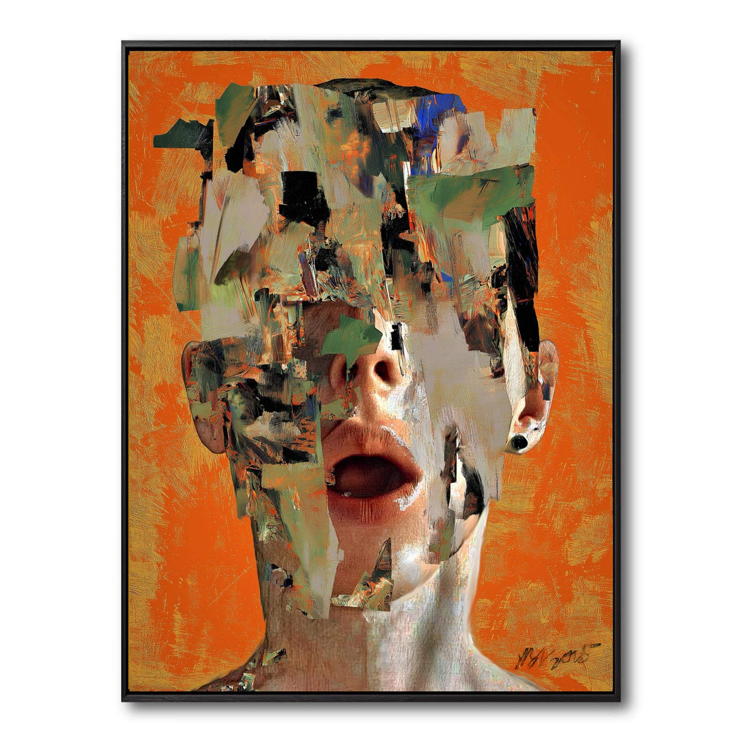 An original abstract figurative painting of a face. The features are deconstructed and fragmented against a bright orange background.