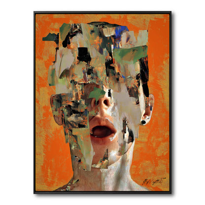 An original abstract figurative painting of a face. The features are deconstructed and fragmented against a bright orange background.