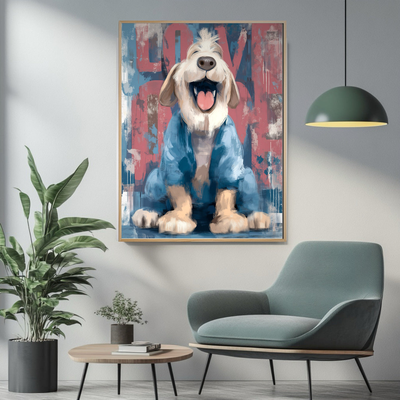 Joyful dog art adds a playful pop of color above a light blue chair in a modern, serene, and plant-filled living space.