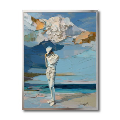 Original abstract figure oil painting on canvas. Cool blue and gold impasto texture. Modern coastal wall art for home decor.