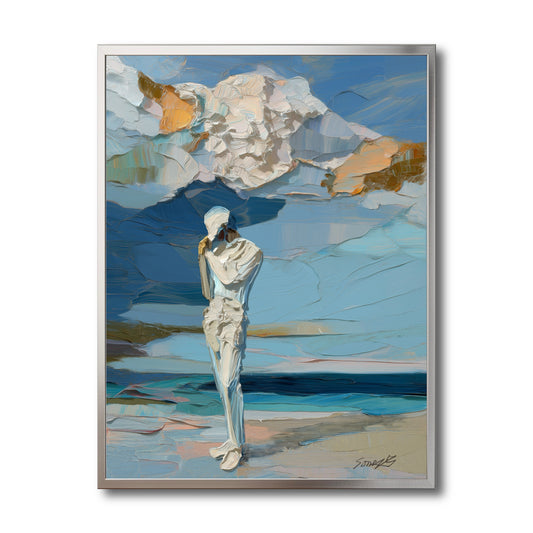 Original abstract figure oil painting on canvas. Cool blue and gold impasto texture. Modern coastal wall art for home decor.