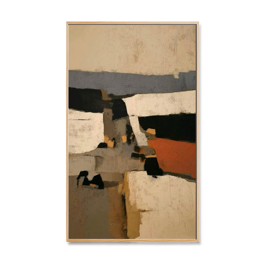 Original abstract art: vertical geometric blocks in a textured, neutral palette of beige, charcoal, and rust for modern decor.