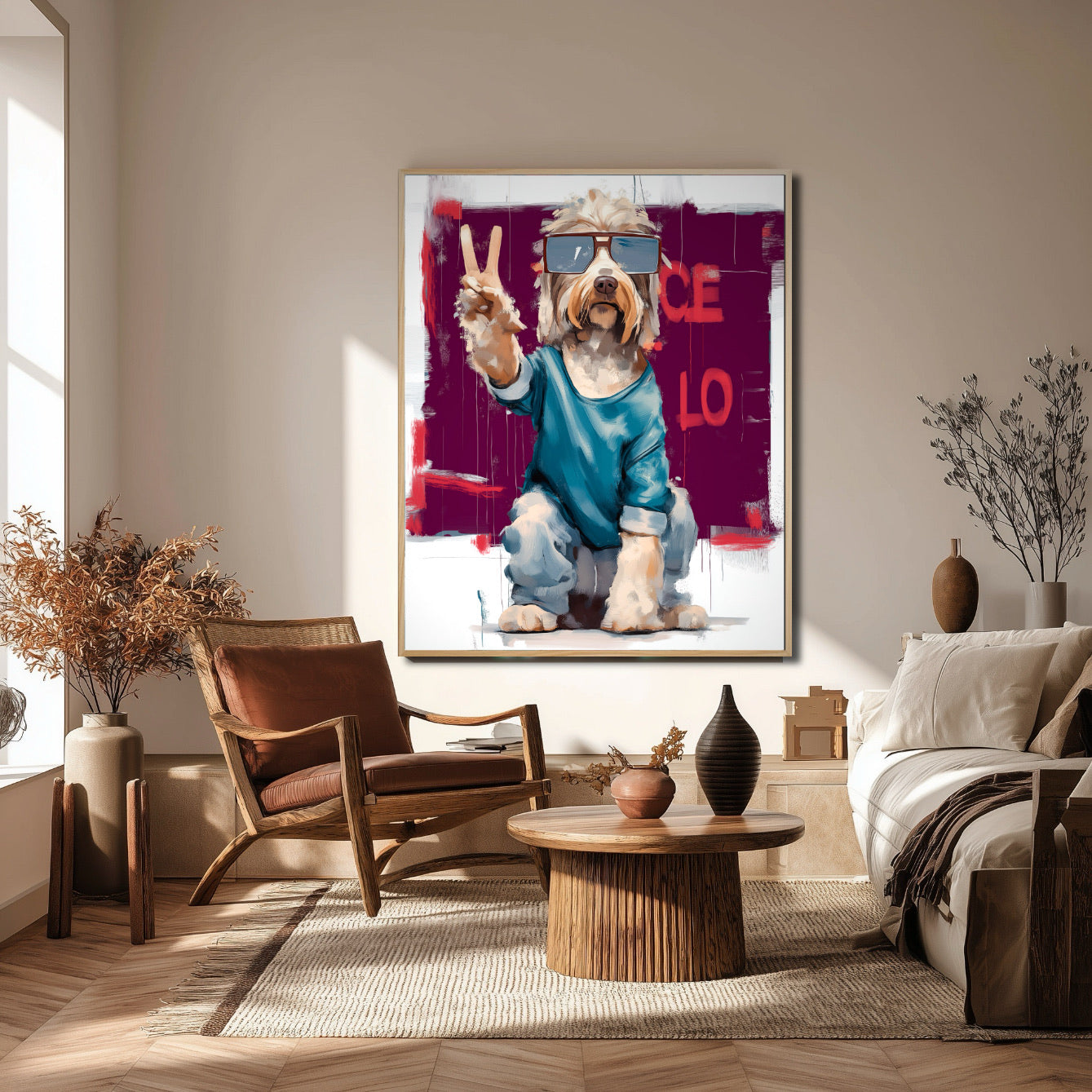 Cool dog art above a rustic coffee table and woven chair. Neutral-toned living room with earthy vibes and bright, abstract pop art.