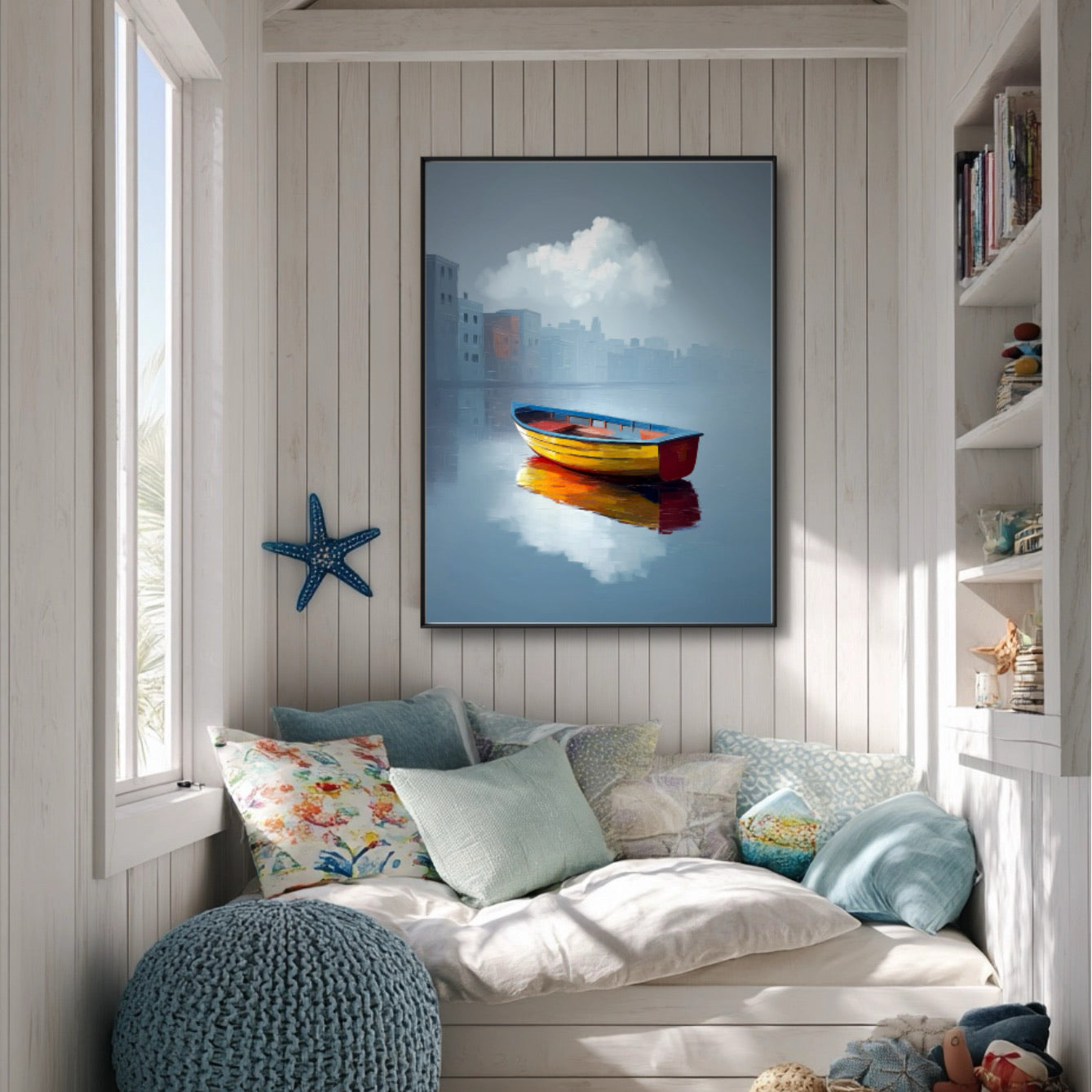 Colorful boat art brightens a nautical reading nook with white shiplap walls, built-in shelves, and plush pillows.