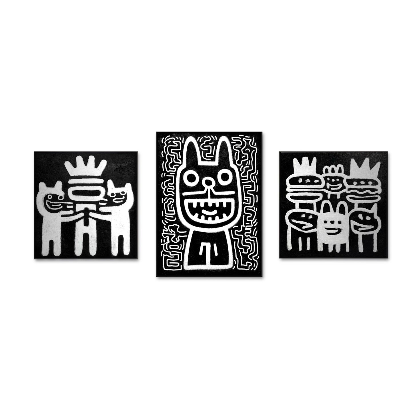 Original black and white triptych pop street art, funny dog figures, abstract urban cartoon style, modern monochromatic décor.